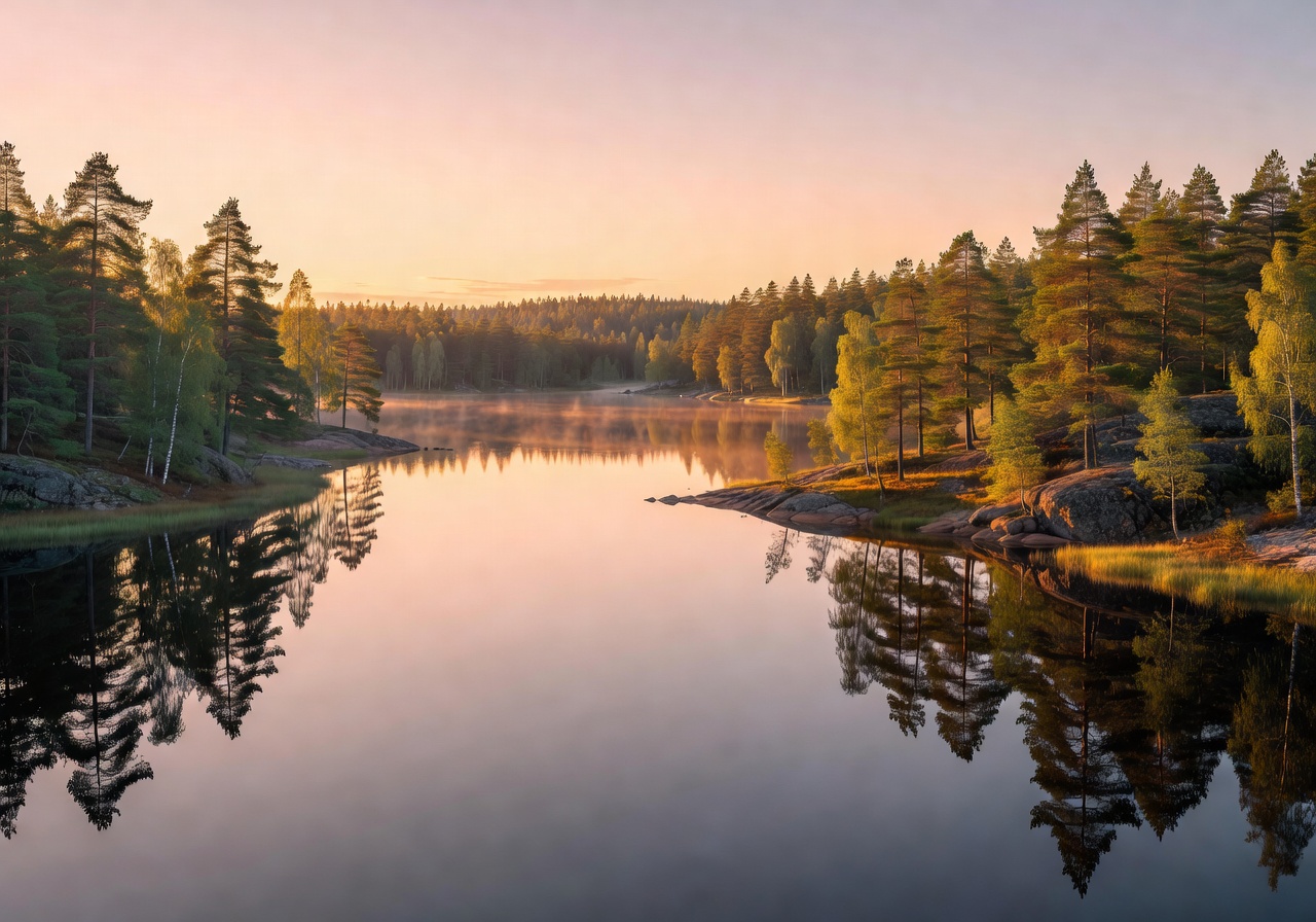Finnish lakeside view at golden hour