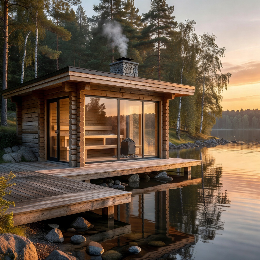 Finnish luxury lakeside sauna at golden hour