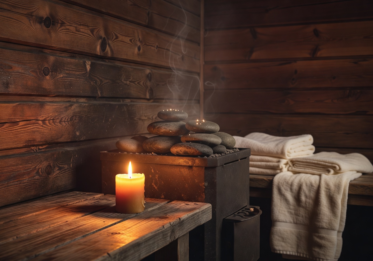Finnish wood sauna with warm steam and candlelight