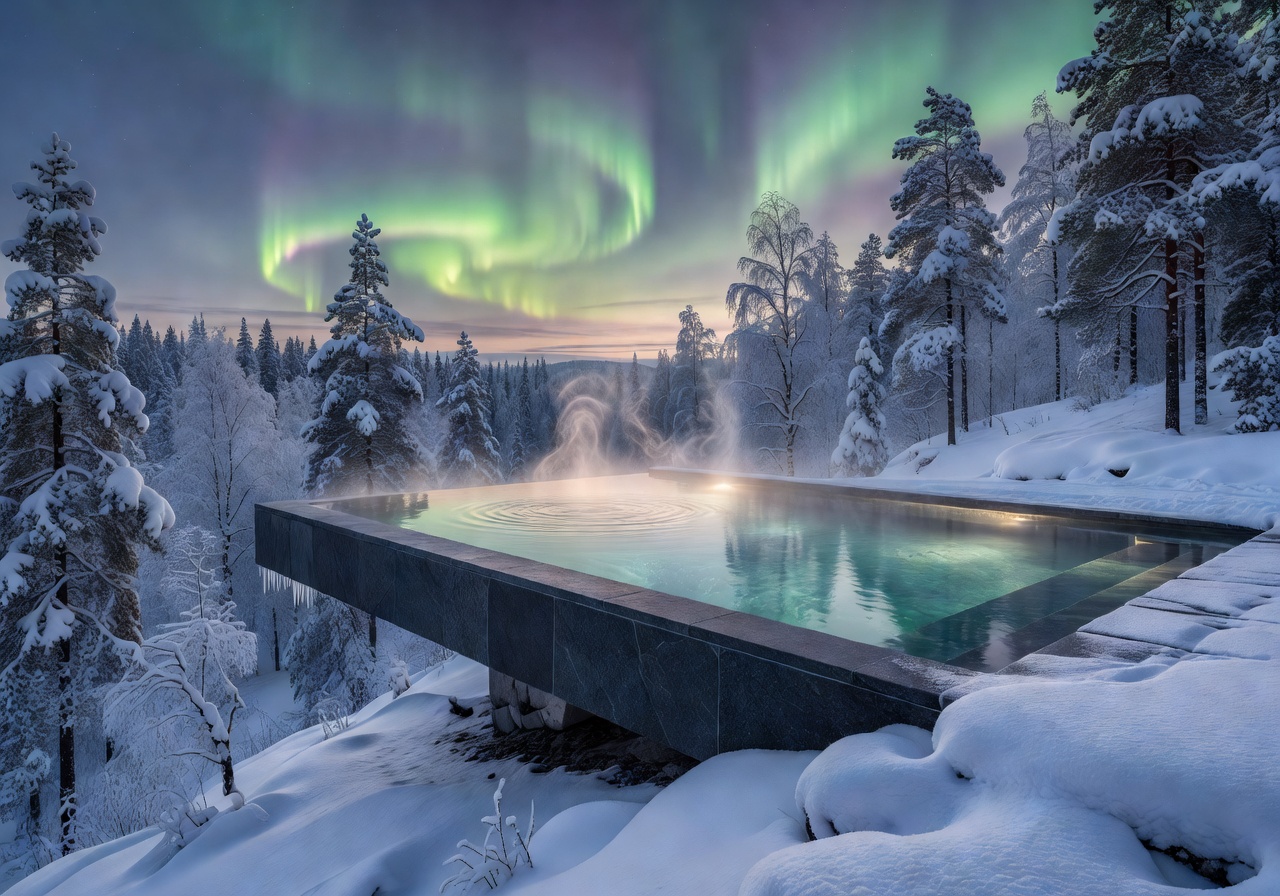 Heated Nordic infinity pool overlooking forest