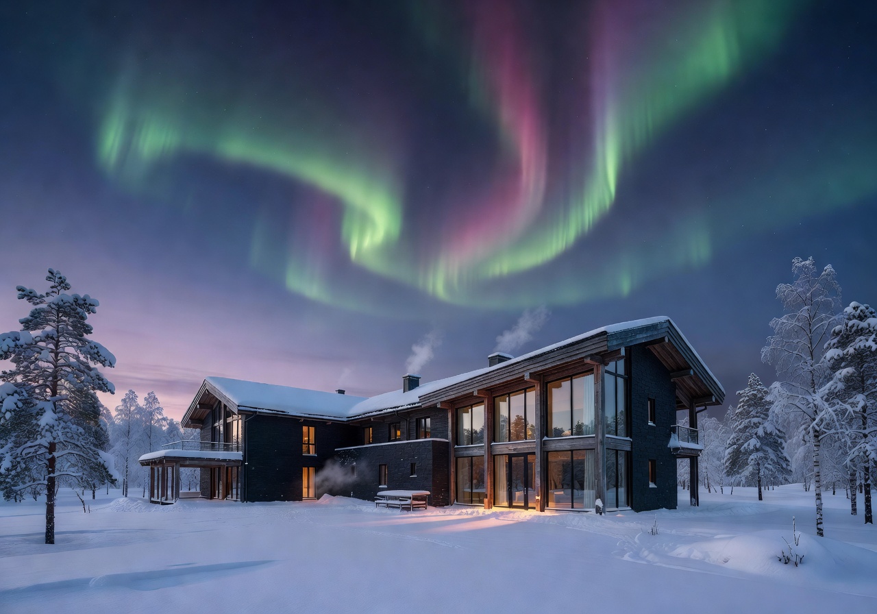 Lapland snowy luxury hotel exterior