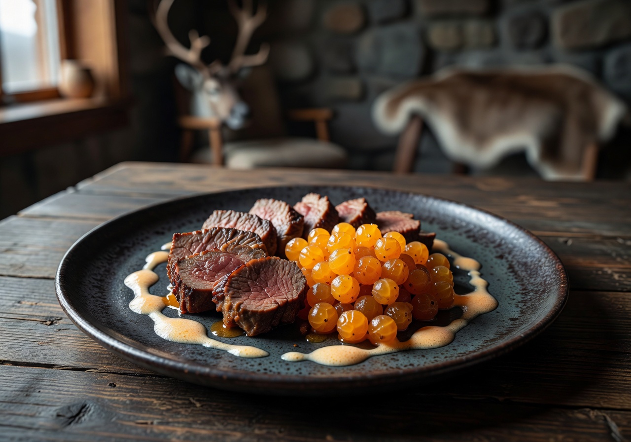 Signature dish reindeer cloudberry plated